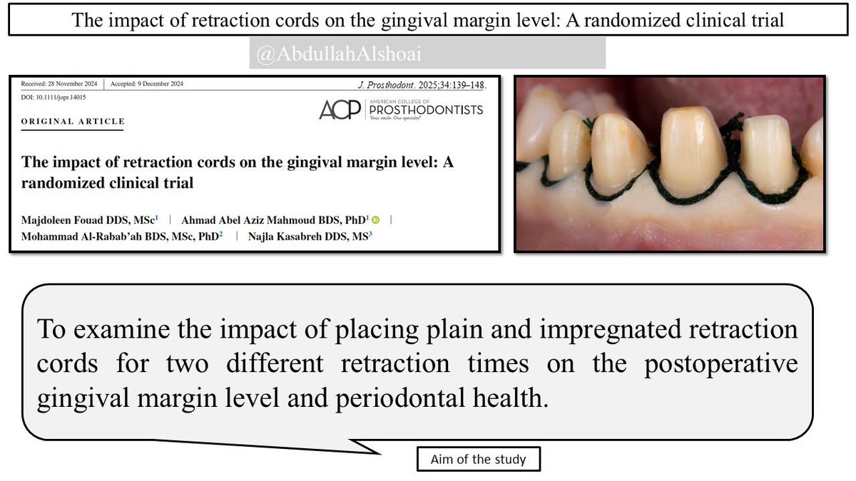 AbdullahAlshoai's tweet photo. #Dental_updates

The impact of retraction cords on the gingival margin level: A randomized clinical trial

J. Prosthodont. 2025;34:139–148. https://t.co/pTBRyVaVIF
