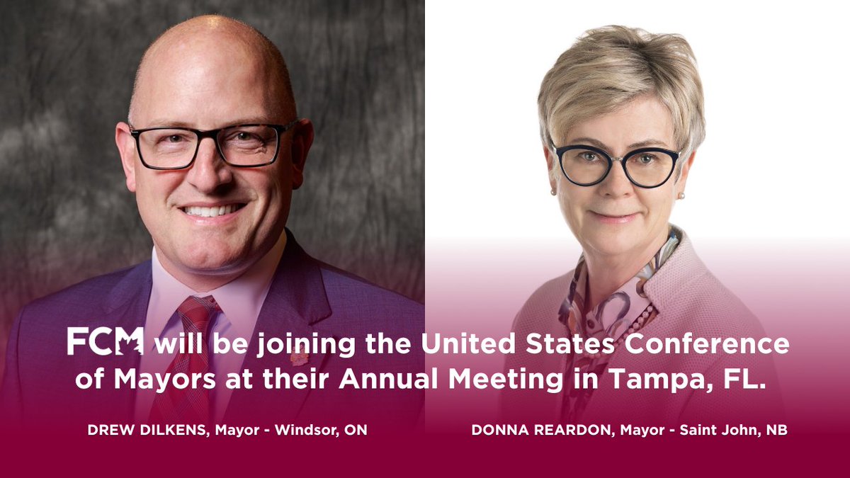Federation of Canadian Municipalities (@fcm_online) on Twitter photo As mayors of two of Canada’s most impacted cities in this Canada-U.S. trade war, <a href="/drewdilkens/">Mayor Drew Dilkens</a> and <a href="/DonnaReardonSJ/">Mayor Donna Noade Reardon</a> know firsthand the consequences #CDNMuni are feeling from U.S. tariffs.
This week, they are traveling to Tampa, Florida, to connect with American counterparts at the As mayors of two of Canada’s most impacted cities in this Canada-U.S. trade war, <a href="/drewdilkens/">Mayor Drew Dilkens</a> and <a href="/DonnaReardonSJ/">Mayor Donna Noade Reardon</a> know firsthand the consequences #CDNMuni are feeling from U.S. tariffs.
This week, they are traveling to Tampa, Florida, to connect with American counterparts at the