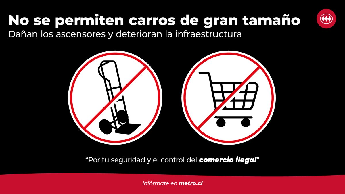 🚇 Para tu seguridad, la de los demás pasajeros y para proteger nuestra infraestructura, te recordamos que no está permitido el ingreso con carros de gran tamaño.

Así contribuimos a un viaje más fluido y seguro.
