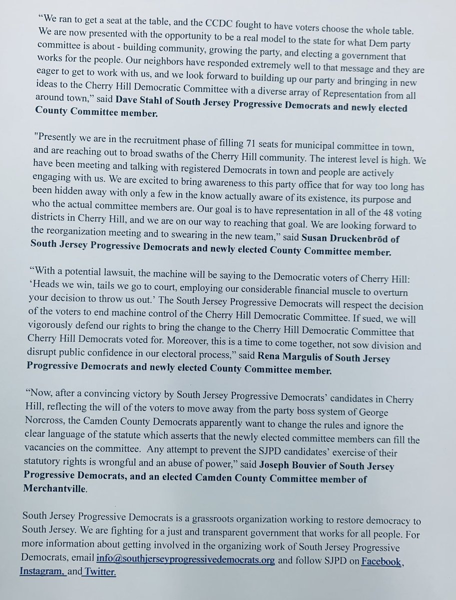 JoeinNJfightsfordemocracy (@progavalanche) on Twitter photo To change New Jersey we need to change the Democratic Party. Voters in Cherry Hill agree by an overwhelming majority & elected a new Democratic party committee in a 5045 - 3040 vote.
Predictably, the <a href="/CCDems/">Camden County Dems</a> intend to sue to overturn the election.
#DemVoice1 #wtpBLUE To change New Jersey we need to change the Democratic Party. Voters in Cherry Hill agree by an overwhelming majority & elected a new Democratic party committee in a 5045 - 3040 vote.
Predictably, the <a href="/CCDems/">Camden County Dems</a> intend to sue to overturn the election.
#DemVoice1 #wtpBLUE