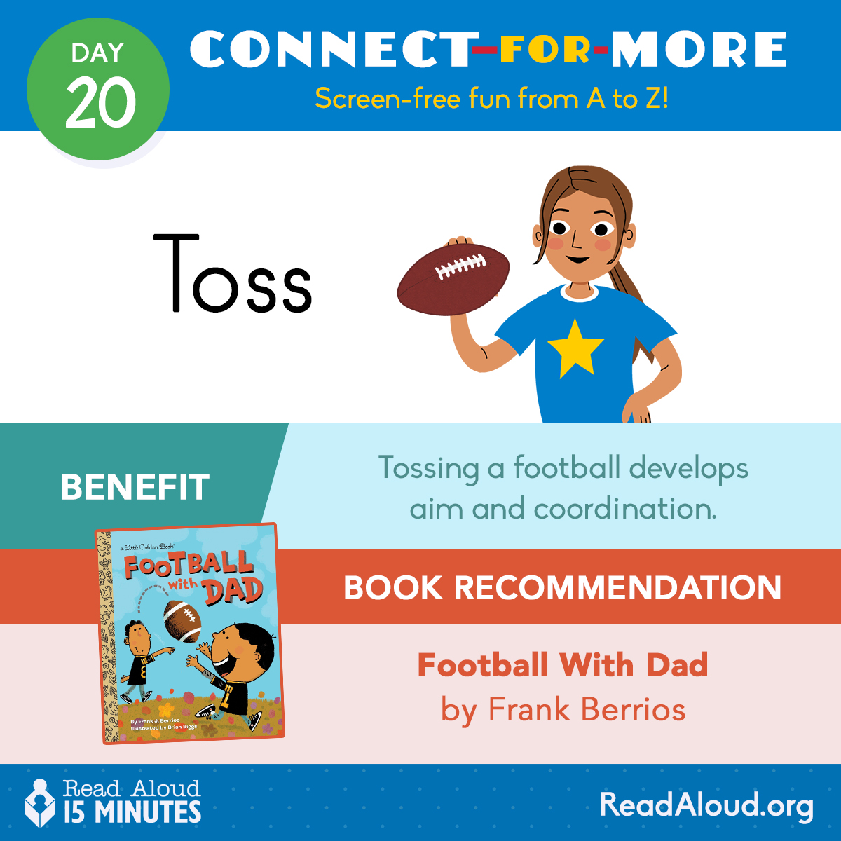 ReadAloud_org's tweet image. TOSS is timeless fun! 🏈
Playing catch with your kids is a fantastic way to get them outside and moving – plus it’s a great chance to bond. Pair this activity with books about sports and athletes to fit in your 15 minutes of daily reading aloud. #ReadAloud15