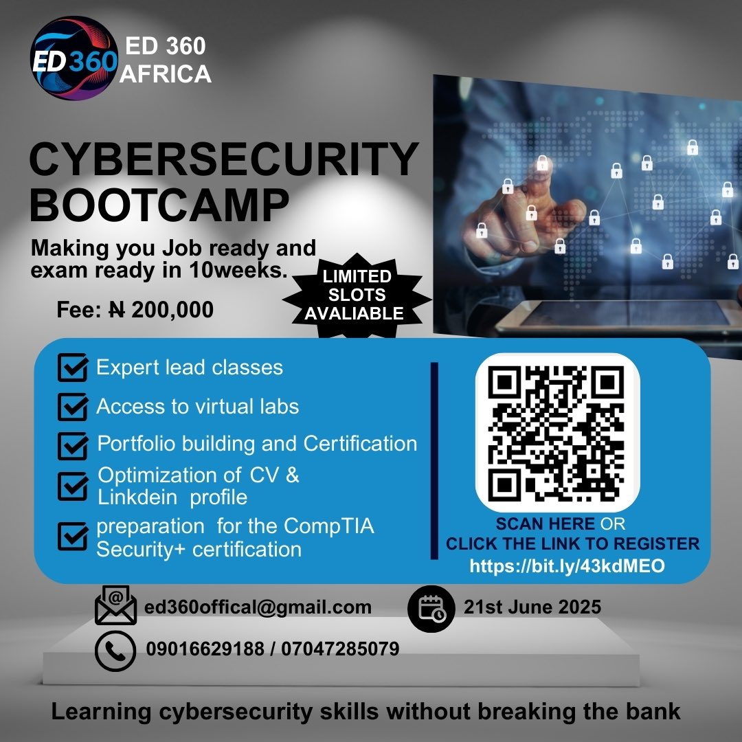 ED360AFRICA's tweet image. Ever feel like your digital life in Lagos is a highway with unseen dangers lurking?  Cyber
threats are real, from your bank account to vital businesses. But what if YOU could be the traffic
controller, ensuring safety? #CybersecurityLagos #NigeriaTech