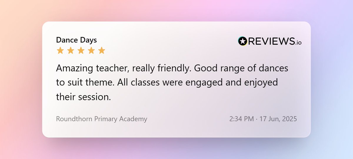 Dance Days - Educational Dance Workshops (@dancedayslondon) on Twitter photo Well done Year 6! 👏👏👏 <a href="/RoundthornCP/">Roundthorn Primary Academy</a> <a href="/roundthornsport/">Roundthorn Sport</a>
Thank you for the ⭐️⭐️⭐️⭐️⭐️ review for Sophie too! 🤩 Well done Year 6! 👏👏👏 <a href="/RoundthornCP/">Roundthorn Primary Academy</a> <a href="/roundthornsport/">Roundthorn Sport</a>
Thank you for the ⭐️⭐️⭐️⭐️⭐️ review for Sophie too! 🤩