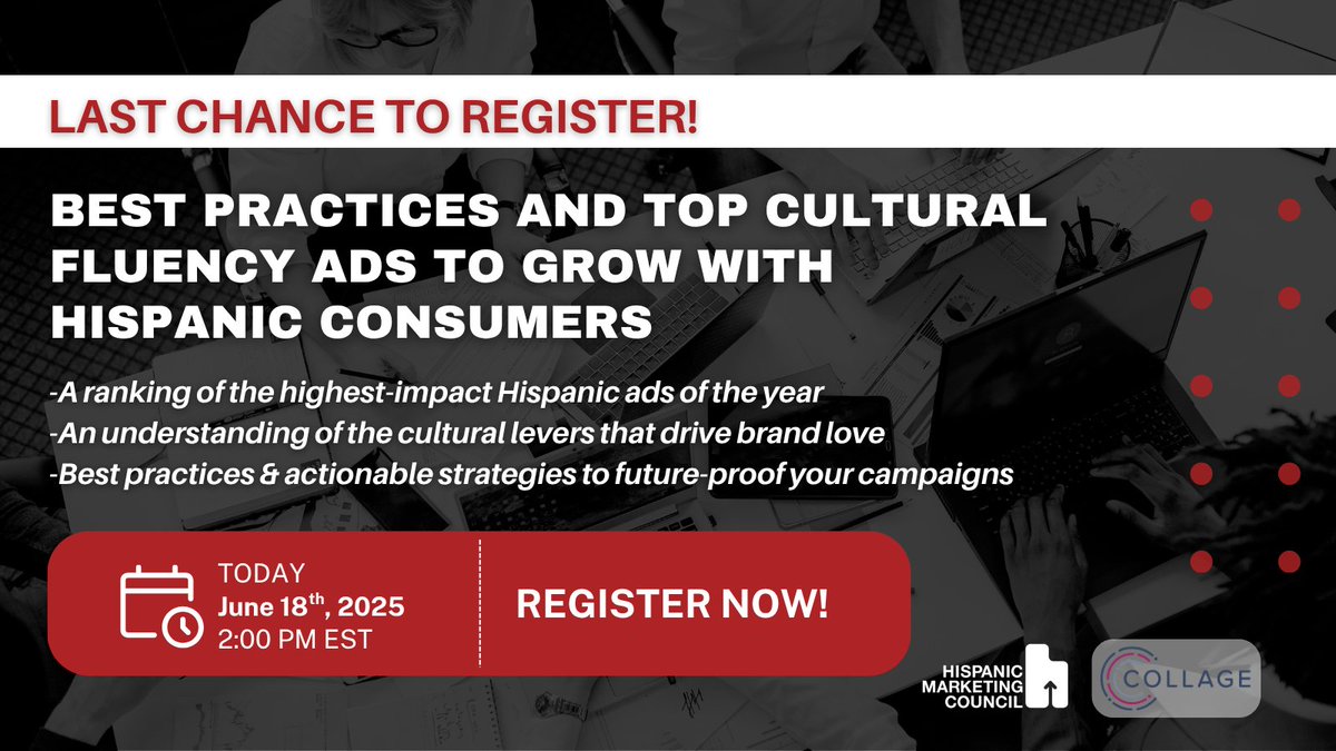 Hispanic Marketing Council (@hmchispanic) on Twitter photo LAST CHANCE: Join us at 2 pm EST and learn what makes top Hispanic-focused ads stand out. We’re breaking down the 2025 SEA winners with <a href="/collage_group/">Collage Group</a> and uncovering the cultural insights behind breakthrough campaigns! #HispanicMarketing #SEAwards2025
us02web.zoom.us/webinar/regist… LAST CHANCE: Join us at 2 pm EST and learn what makes top Hispanic-focused ads stand out. We’re breaking down the 2025 SEA winners with <a href="/collage_group/">Collage Group</a> and uncovering the cultural insights behind breakthrough campaigns! #HispanicMarketing #SEAwards2025
us02web.zoom.us/webinar/regist…
