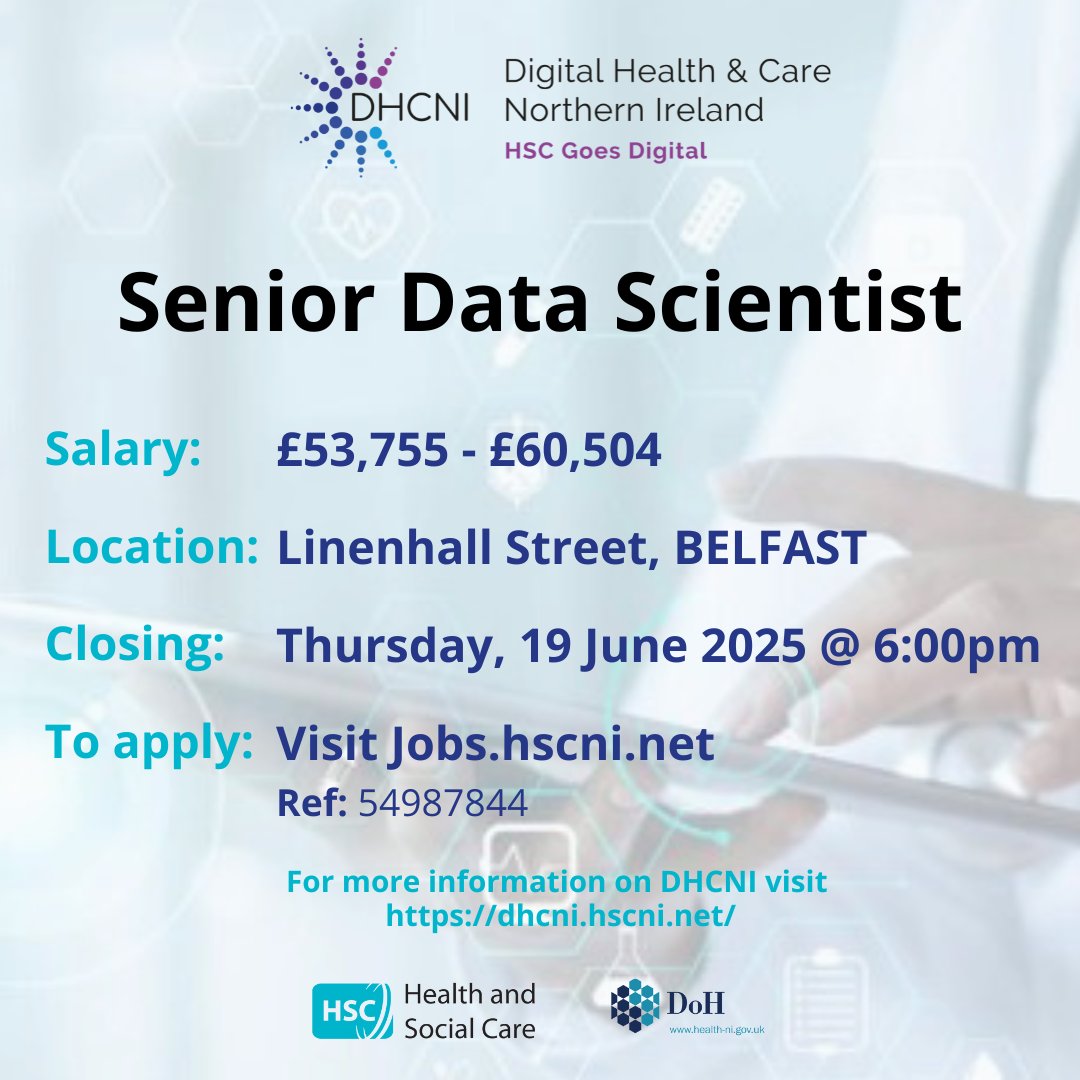We are recruiting for 3 Senior Data Scientists.

1 for 3yrs from start and 2 until March 2030.

If you have experience in working in an analytics environment you can find out more here: 
jobs.hscni.net/Job/41572/seni…

#HSCgoesdigital
