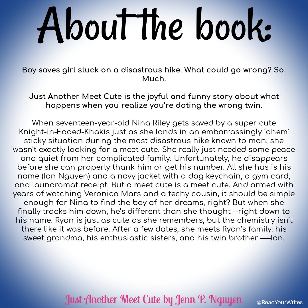📚 Kim ~ Read Your Writes Book Reviews 📚 (@readyourwrites) on Twitter photo JUST ANOTHER MEET CUTE by <a href="/JennP_Nguyen/">Jenn Nguyen</a> was a fun and entertaining read. This is a sweet romance, emphasis on the word sweet. There were times I was sure my heart was going to take flight.
readyourwrites.blogspot.com/2025/06/book-r…
#JustAnotherMeetCute #JennPNguyen <a href="/ireadya/">I read YA 🏳️🌈📚</a> <a href="/XpressoTours/">Xpresso Book Tours</a> JUST ANOTHER MEET CUTE by <a href="/JennP_Nguyen/">Jenn Nguyen</a> was a fun and entertaining read. This is a sweet romance, emphasis on the word sweet. There were times I was sure my heart was going to take flight.
readyourwrites.blogspot.com/2025/06/book-r…
#JustAnotherMeetCute #JennPNguyen <a href="/ireadya/">I read YA 🏳️🌈📚</a> <a href="/XpressoTours/">Xpresso Book Tours</a>