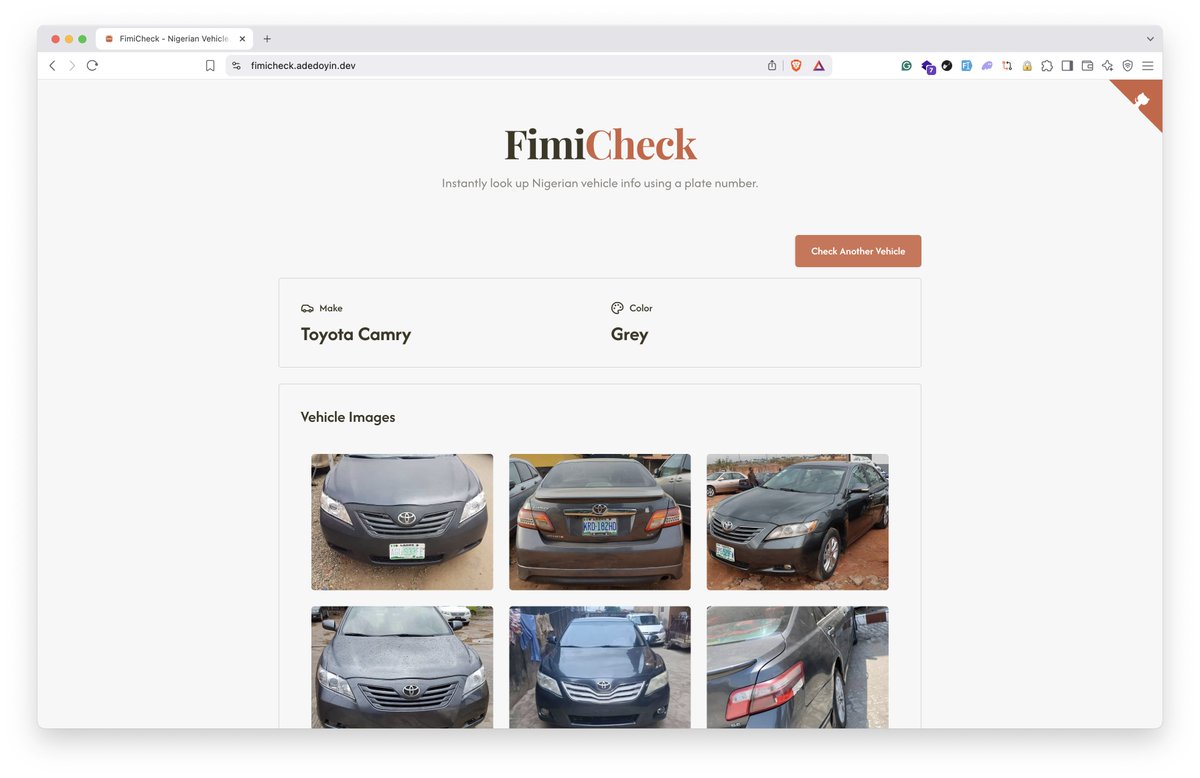 So I built a Nigerian plate number lookup tool. Enter a plate number to get the car make, color, and images. 

Web app: fimicheck.adedoyin.dev
Telegram bot: t.me/fimicheckbot
GitHub: github.com/Adedoyin-Emman…
Demo: youtube.com/shorts/guafj56…

Kindly repost.