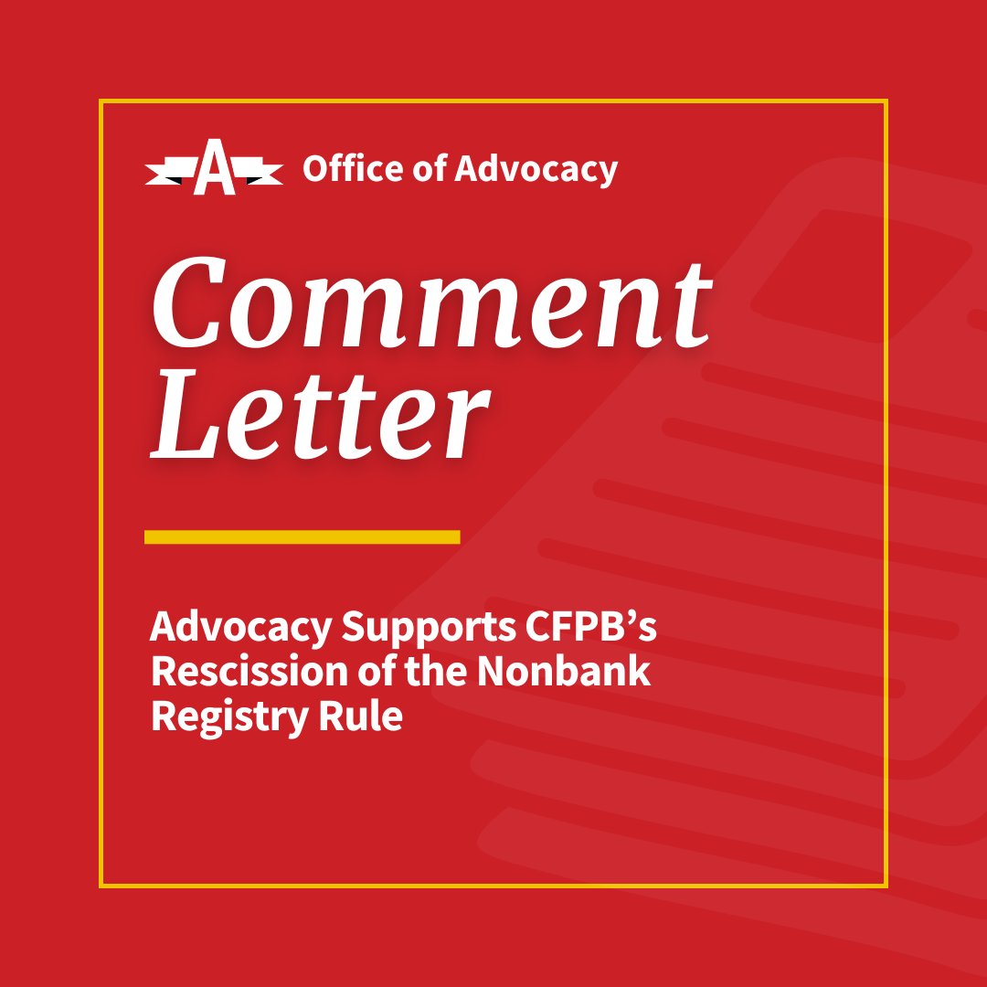 On May 14, 2025, the @CFPB published a notice to rescind the Registry of Nonbank Covered Persons Subject to Certain Agency and Court Orders rule (NBR Rule). Advocacy supports this rescission of the NBR Rule and commends CFPB for this action.

Learn more ⤵️
ow.ly/OZY950WaMCR