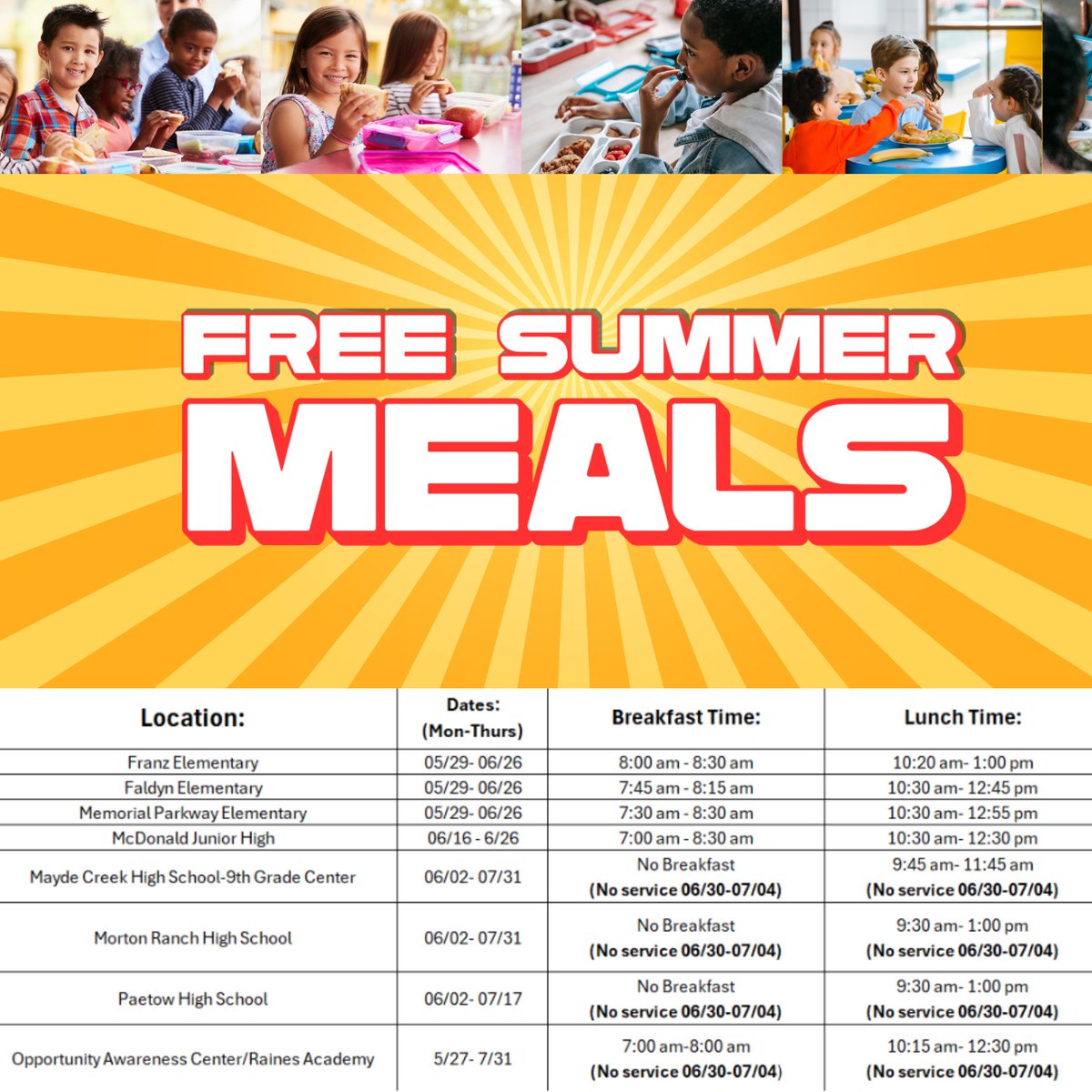 Katy ISD is helping kids stay healthy this summer with free meals for anyone 18 and younger. Through July 31, select campuses are serving breakfast and lunch at no cost. To find participating schools and serving times, visit katyisdfoodservices.com. #KatyISD #SummerMeals