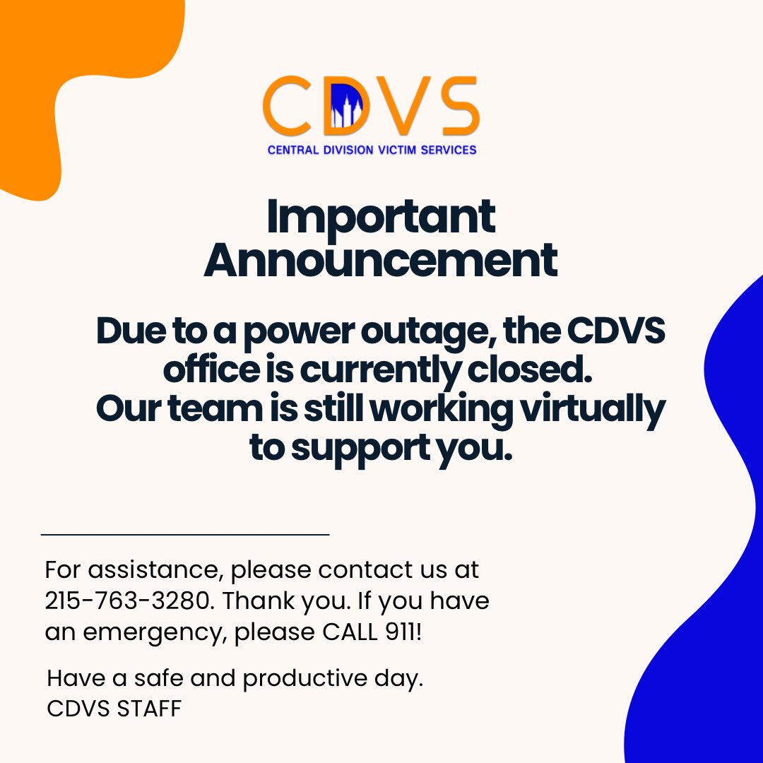 Please Note: Due to a local power outage, the CDVS office is temporarily closed, but our team is still available and working virtually to assist you.

If you’re experiencing an emergency, call 9-1-1 immediately. For services, support, or questions, reach out to us at 215-786-3280