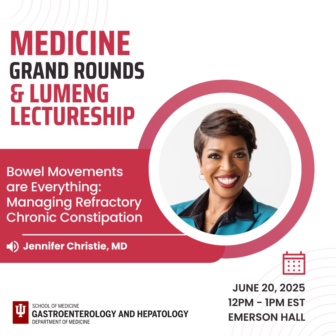 Indiana University Gastroenterology and Hepatology (@iugastro) on Twitter photo 🎉 Excited to welcome <a href="/JChristieMD/">Dr Jennifer Christie</a> <a href="/CUGastroHep/">CU Division of Gastroenterology and Hepatology</a> for the Lumeng Lectureship at IU Grand Rounds! #GITwitter
🗓 June 20 | 🕛 12PM EST | 📍 Emerson Hall
💩 “Bowel Movements are Everything: Managing Refractory Chronic Constipation” — don’t miss this deep dive into a tough GI topic! 🎉 Excited to welcome <a href="/JChristieMD/">Dr Jennifer Christie</a> <a href="/CUGastroHep/">CU Division of Gastroenterology and Hepatology</a> for the Lumeng Lectureship at IU Grand Rounds! #GITwitter
🗓 June 20 | 🕛 12PM EST | 📍 Emerson Hall
💩 “Bowel Movements are Everything: Managing Refractory Chronic Constipation” — don’t miss this deep dive into a tough GI topic!