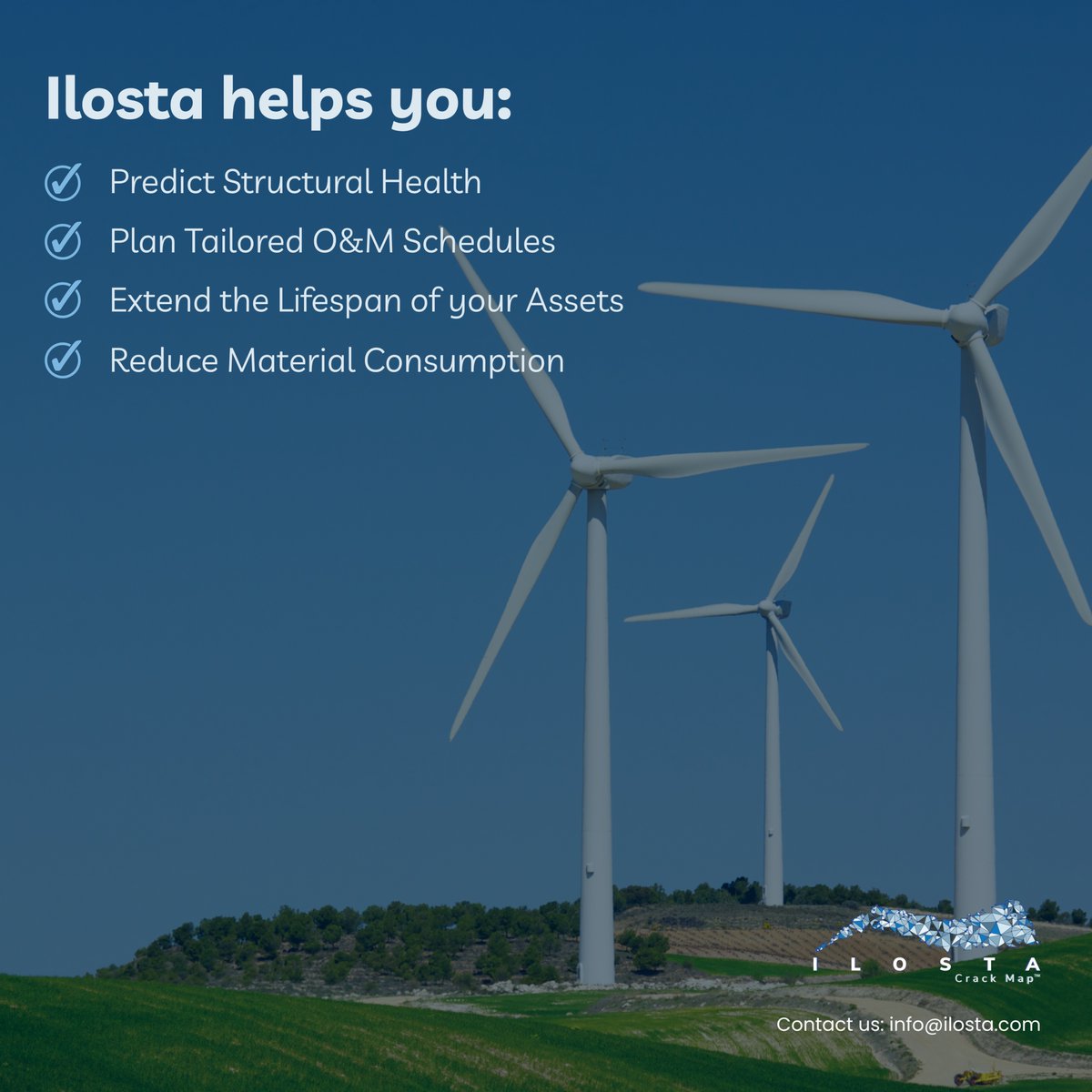 Ilosta_CrackMap's tweet image. Manage your #wind farms smarter with Ilosta!
🔧 Predict damage to avoid costly downtimes
📊 Plan tailored O&M to enhance efficiency
⚙️ Extend asset lifespan and maximise your investments
🌱 Reduce materials consumption for a greener future
👉 ilosta.com
#Ilosta