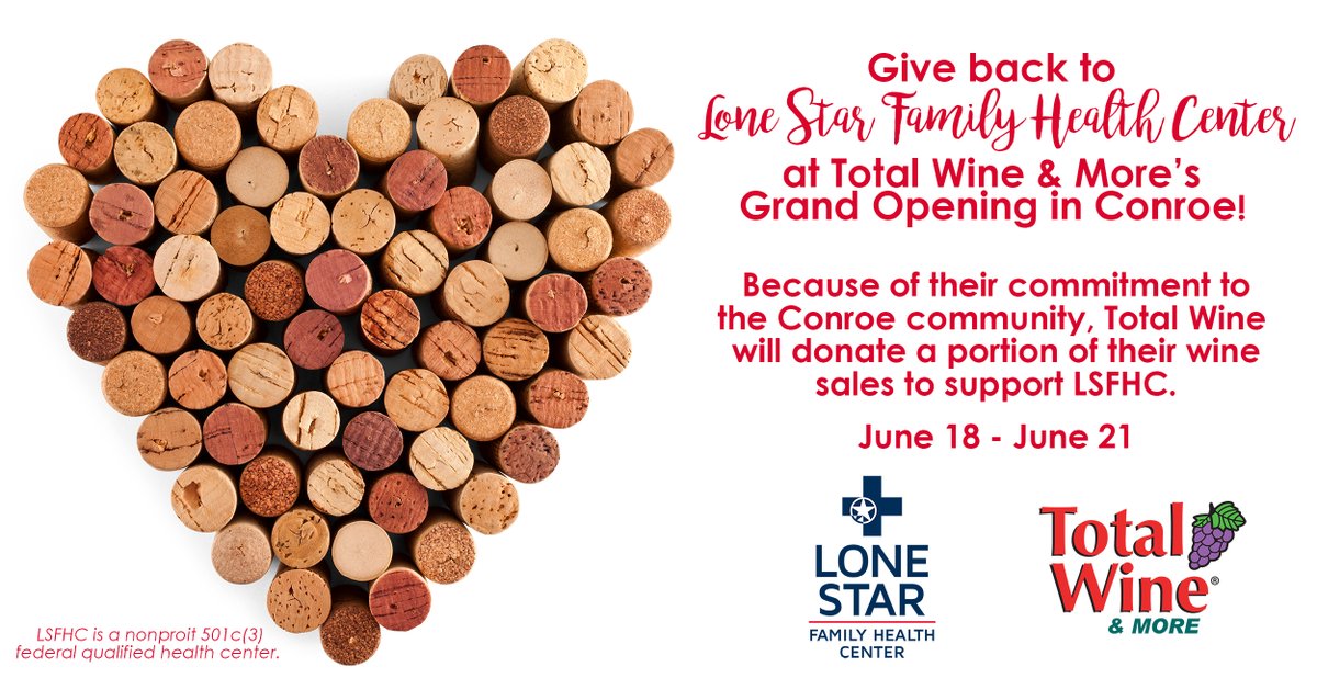 LoneStarHealth's tweet image. 🎉 Help Support Lone Star Family Health Center at Total Wine & More's Grand Opening in Conroe! Because of Total Wine's commitment to the community, they will donate a portion of their wine sales to LSFHC! 🍾🍷⚕️
How it works: shop from June 18-21 at Total Wine's newest store at…