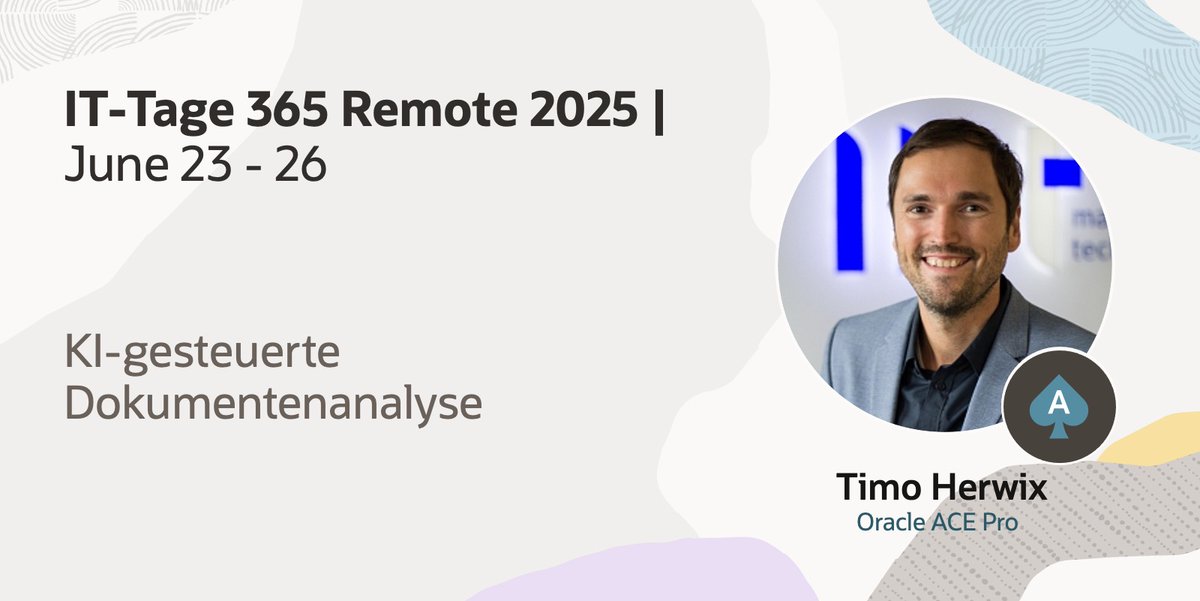 Oracle ACE Program (@oracleace) on Twitter photo Register for IT-Tage 365 Remote 2025, the IT conference for software development, architecture, DevOps, AI, databases, IT security, agile, and IT management 👉
social.ora.cl/6019NhAy9
<a href="/THerwix/">Timo Herwix</a>
#OracleACE Register for IT-Tage 365 Remote 2025, the IT conference for software development, architecture, DevOps, AI, databases, IT security, agile, and IT management 👉
social.ora.cl/6019NhAy9
<a href="/THerwix/">Timo Herwix</a>
#OracleACE