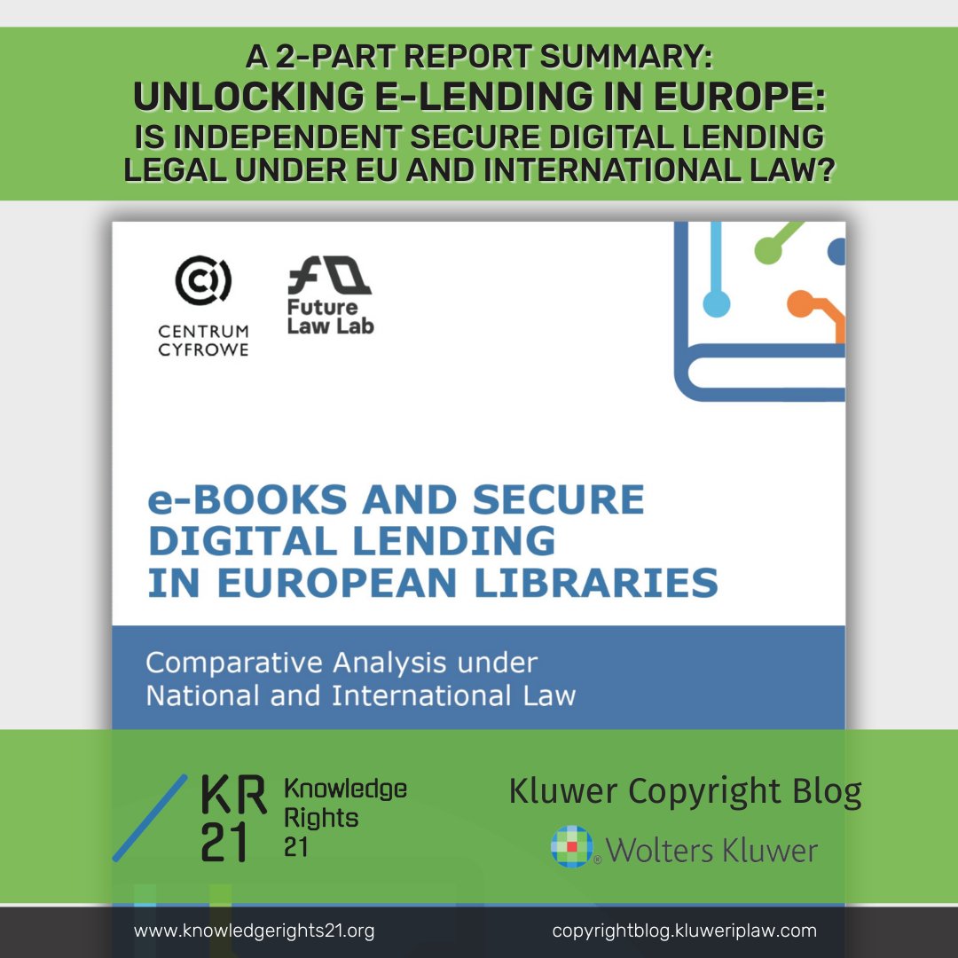 KnowledgeRights21 (@kr21org) on Twitter photo New on #KluwerCopyrightBlog: A 2-part summary of the #eLending report by <a href="/JagiellonskiUni/">Uniwersytet Jagielloński</a>’s Future Law Lab & <a href="/centrumcyfrowe/">Centrum Cyfrowe</a> for KR21.
↪️ Part I: kr21.info/kcb-elending-s…
↪️ Part II: kr21.info/kcb-elending-s…
💪 Librarians, the time for advocacy is now!
#eBooks #eBookSOS New on #KluwerCopyrightBlog: A 2-part summary of the #eLending report by <a href="/JagiellonskiUni/">Uniwersytet Jagielloński</a>’s Future Law Lab & <a href="/centrumcyfrowe/">Centrum Cyfrowe</a> for KR21.
↪️ Part I: kr21.info/kcb-elending-s…
↪️ Part II: kr21.info/kcb-elending-s…
💪 Librarians, the time for advocacy is now!
#eBooks #eBookSOS