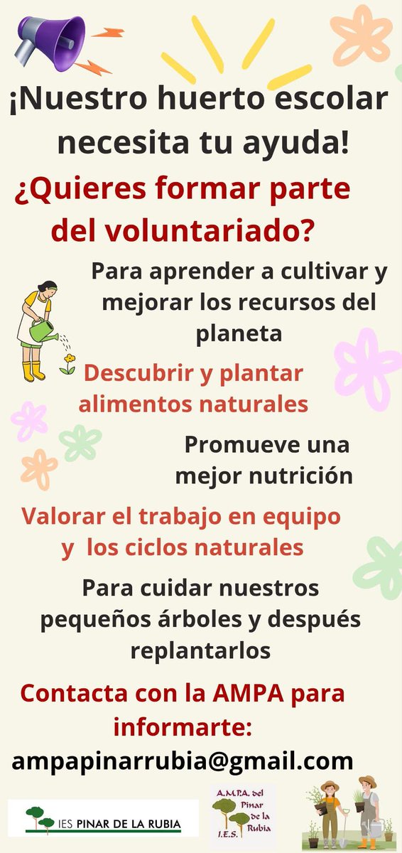 AMPA Pinar de la Rubia (@blogampa) on Twitter photo Insistimos en la necesidad de colaboración y voluntarios para nuestro huerto escolar.
Los interesados podéis nviar un correo a *ampapinarrubia@gmail.com* Insistimos en la necesidad de colaboración y voluntarios para nuestro huerto escolar.
Los interesados podéis nviar un correo a *ampapinarrubia@gmail.com*