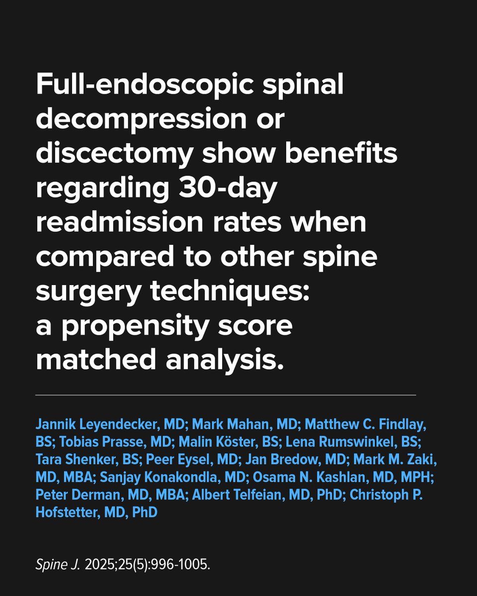 ArthrexSpine's tweet image. “Endoscopic spine surgery demonstrates a shorter hospital stay, reduced 30-day readmissions, fewer infections—it’s not magic, it’s just better,” said Arthrex faculty surgeon Mark Mahan, MD.
This study is the first to compare 30-day hospital readmissions between full-endoscopic…