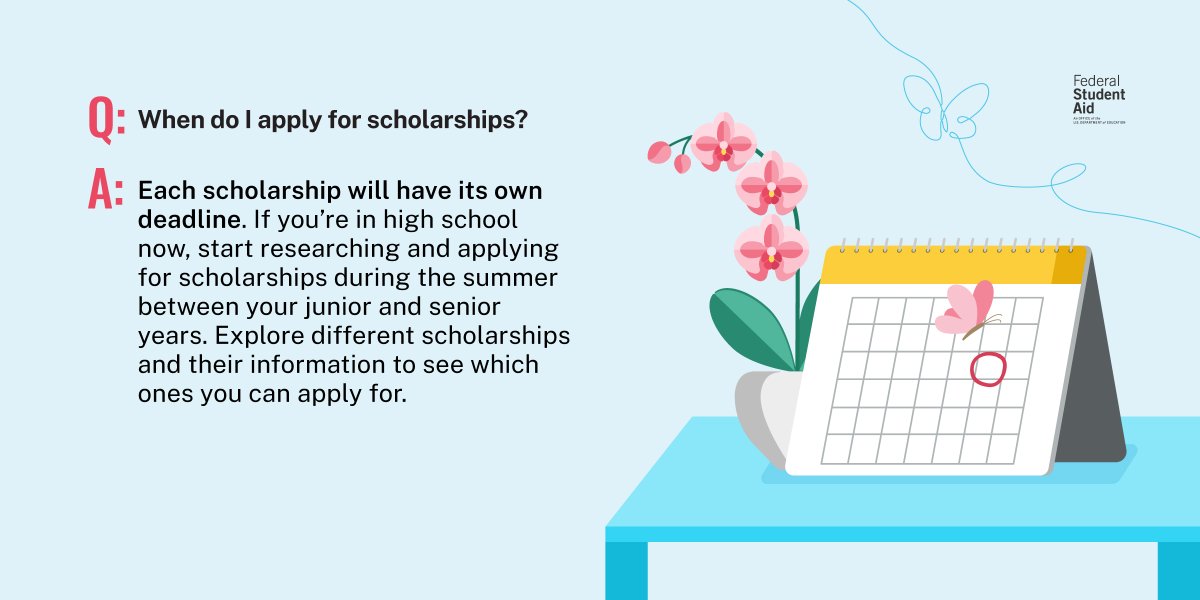 FAFSA's tweet image. There are many different scholarships, and with the right answers, you can find the one for you.
Learn more: StudentAid.gov/scholarships
