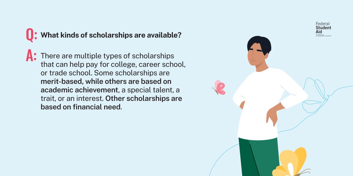 FAFSA's tweet image. There are many different scholarships, and with the right answers, you can find the one for you.
Learn more: StudentAid.gov/scholarships