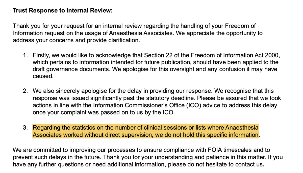 Mike (@mike88881221) on Twitter photo After over a year of delays, <a href="/SheffieldHosp/">Sheffield Hospitals</a> has finally admitted they don't know how often their Anaesthesia Associates (non-doctors administering anaesthesia) worked unsupervised: "We do not hold this specific information"
Still refusing to disclose governance documents/SOPs. After over a year of delays, <a href="/SheffieldHosp/">Sheffield Hospitals</a> has finally admitted they don't know how often their Anaesthesia Associates (non-doctors administering anaesthesia) worked unsupervised: "We do not hold this specific information"
Still refusing to disclose governance documents/SOPs.