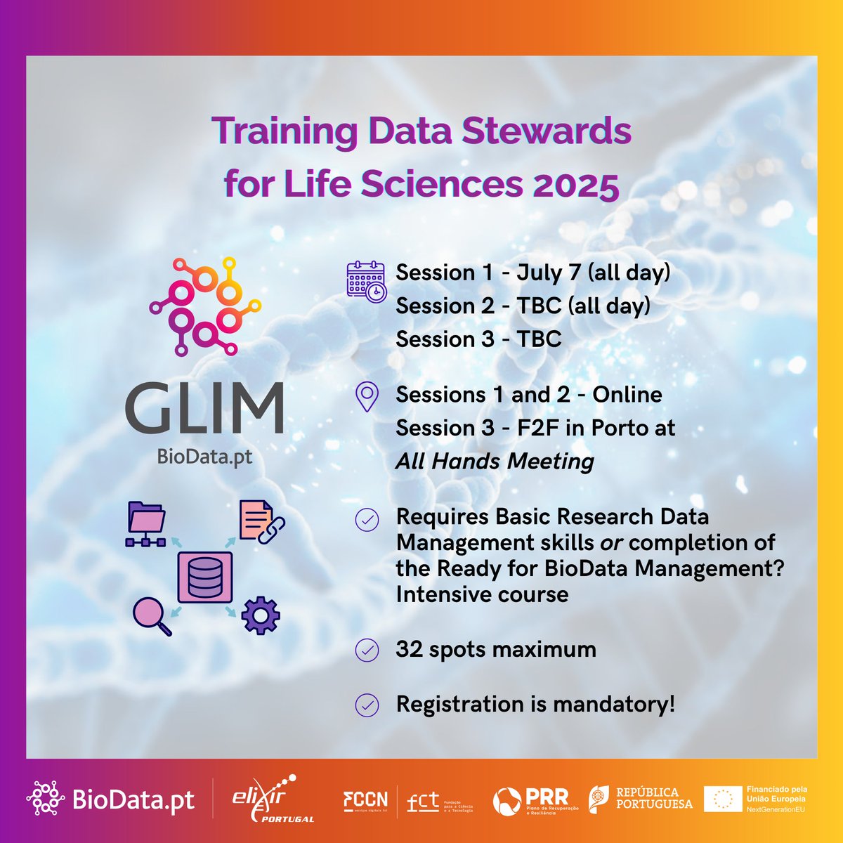 🚀 Training Data Stewards for Life Sciences 2025 is here!

Hybrid training by BioData.pt &amp; GLIM-BioData:
🔹 FAIR, vocabularies, workflows &amp; tools
📅 Starts July 7 (online)!
👥 32 spots! 
Register 👉 events.biodata.pt/event/8/
#BioData_pt #GLIM_BioData #RDM
