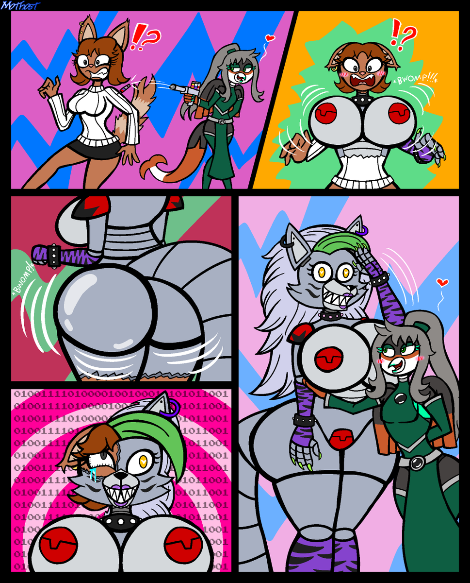 Mothost8's tweet photo. Comm for Tabitha. My character Onyx transforming their character into a Roxanne Wolf Bimbot!
#nsfw #anthro #furry #assimilation #fnaf #femsub #transformation #robotization #roxannewolf #roxy #comic #tf #fezandipiti #pokemon #oc #feline #cat #maledom #femsub #assexpansion https://t.co/BffHNUrqJu