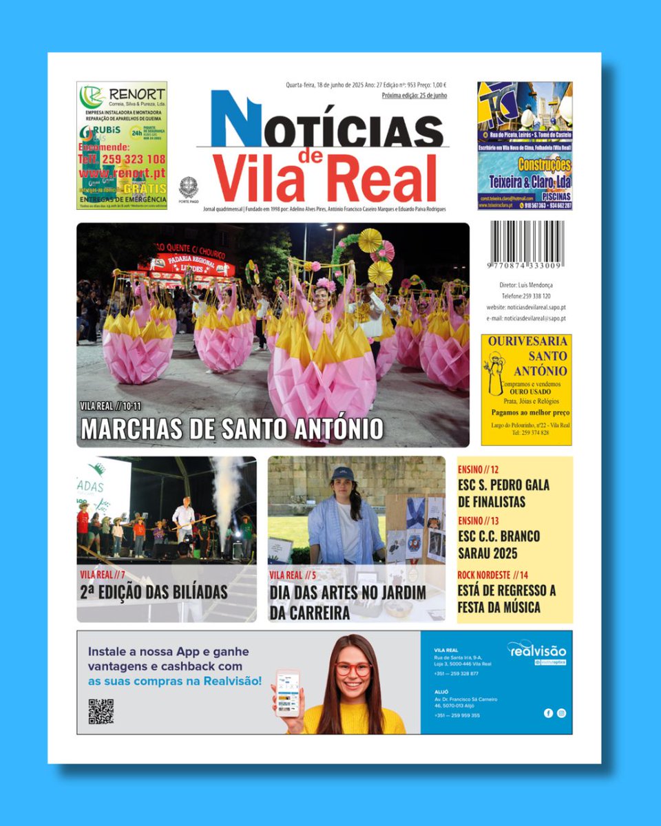 Edição nº 953 do Notícias de Vila Real já está nas bancas!

noticiasdevilareal.sapo.pt
Email: noticiasdevilareal@sapo.pt
Telefone: 259 338 120 (Chamada rede fixa nacional)

#noticias #jornalregional #VilaReal