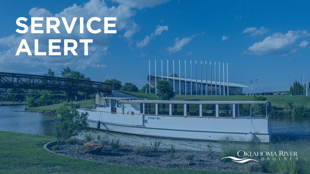 6/18 - 6/20/25 Status: Due to boat maintenance, Oklahoma River Cruises will be operating on a modified schedule.

Wednesday: Hourly departures from 1 PM to 6 PM
Thursday: Departures at 1 PM, 2 PM, and 3 PM only
Friday: Departures at 1 PM through 5 PM — no 6 PM run
