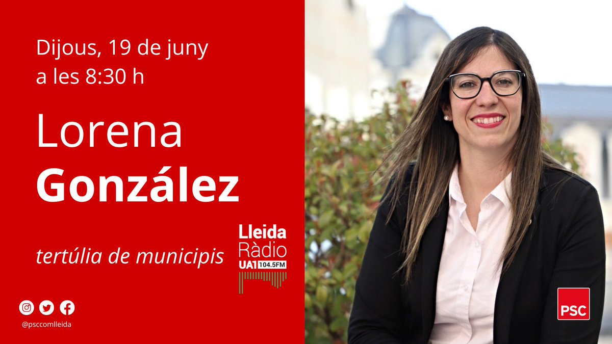 PSC Comarques Lleida (@psccomlleida) on Twitter photo 🔴 Aquest dijous, 19 de juny, l'alcaldessa de Balaguer <a href="/lorena_blg/">Lorena González</a> participarà a la tertúlia 'Municipis' de
<a href="/Ua1FM/">UA1 Lleida Ràdio</a>
🕣 8:30 hores
📻104.5 FM
#PSC/❤️ 🔴 Aquest dijous, 19 de juny, l'alcaldessa de Balaguer <a href="/lorena_blg/">Lorena González</a> participarà a la tertúlia 'Municipis' de
<a href="/Ua1FM/">UA1 Lleida Ràdio</a>
🕣 8:30 hores
📻104.5 FM
#PSC/❤️