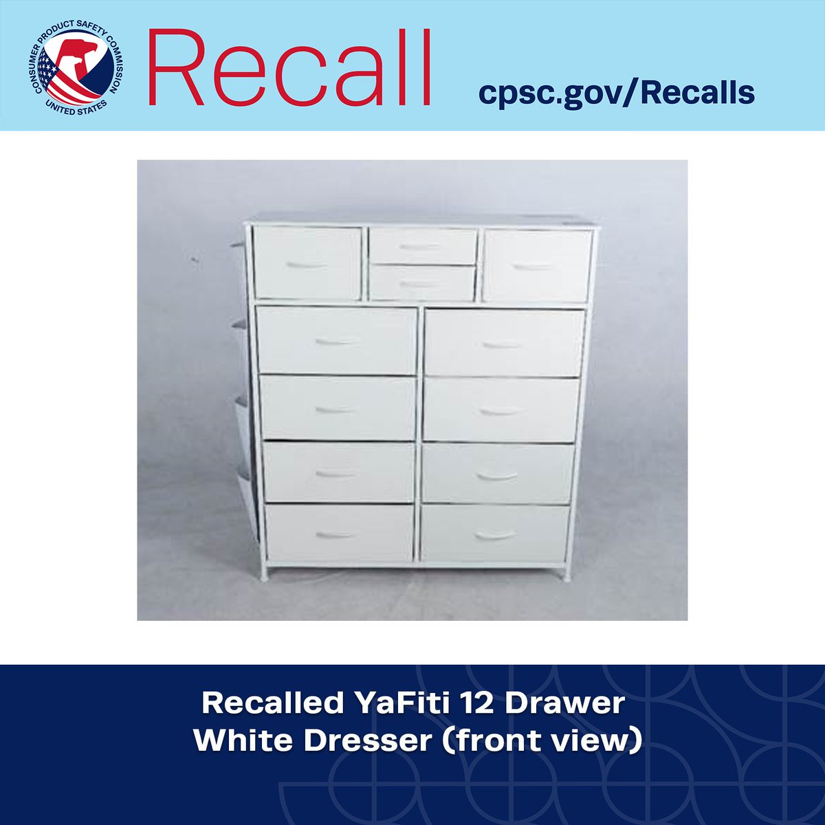 #RECALL: YaFiti White Dressers recalled due to risk of serious injury or death from tip-over &amp; entrapment hazards; violations of federal standard for clothing storage units.  Sold on Amazon. Get a refund. CONTACT: 877-452-4067 or yafiti.com/pages/recall.

cpsc.gov/Recalls/2025/Y…