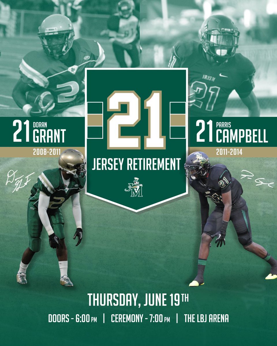 Tomorrow, we honor two STVM legends — Doran Grant VM11 &amp; Parris Campbell VM14 — as we retire their jerseys at The LeBron James Arena! 🏈

Celebrate their legacy &amp; impact on Irish football! ☘️
#STVM #DoranGrant #ParrisCampbell #JerseyRetirement #ForeverIrish #IrishPride