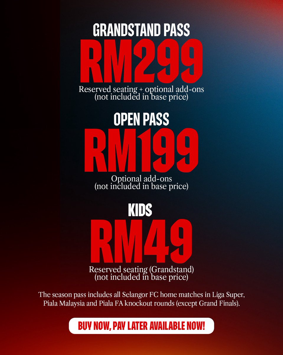 🎟️ 𝐏𝐀𝐒 𝐁𝐄𝐑𝐌𝐔𝐒𝐈𝐌 𝐒𝐅𝐂 𝟐𝟎𝟐𝟓/𝟐𝟔 𝐊𝐈𝐍𝐈 𝐃𝐈𝐁𝐔𝐊𝐀! 💊

Pas Bermusim #SFC bagi saingan Liga Malaysia musim 2025/26 kini dibuka untuk pendaftaran bermula hari ini bersamaan 18 Jun 2025! 🫡 

Untuk makluman anda, tarikh akhir pendaftaran bagi pas bermusim