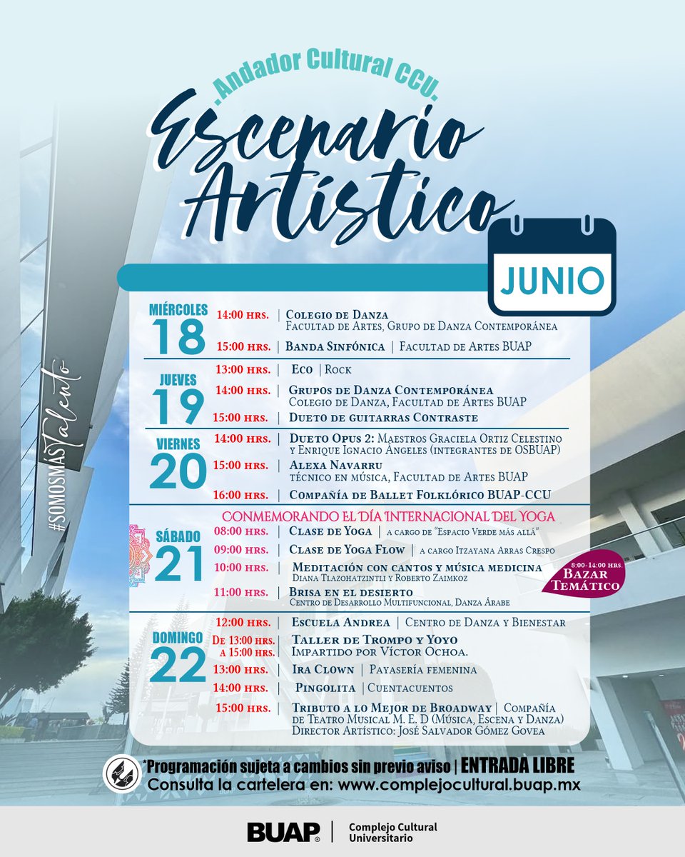 🌻 ¿Arte al aire libre?  El  Andador Cultural CCU BUAP tiene una gran programación esta semana ¡gratis!