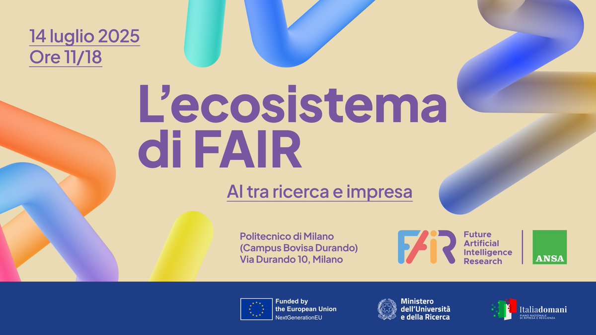 FondazioneFAIR (@fondazione_fair) on Twitter photo 🎯 Ecosistema FAIR: l’AI tra ricerca e impresa 🎯
📅 14.07
📍 <a href="/polimi/">Politecnico di Milano</a>, Milano
📌 Progetti BAC degli spoke 2, 4, 7, 8, 10
📌 Osservatorio AI PoliMi
📌 Evento live su <a href="/Agenzia_Ansa/">Agenzia ANSA</a> con <a href="/alessiojacona/">Alessio Jacona</a> & ospiti d’eccezione
🎟️ ISCRIVITI QUI: fondazione-fair.it/news/ecosistem…
#FAIR #AI #PNRR 🎯 Ecosistema FAIR: l’AI tra ricerca e impresa 🎯
📅 14.07
📍 <a href="/polimi/">Politecnico di Milano</a>, Milano
📌 Progetti BAC degli spoke 2, 4, 7, 8, 10
📌 Osservatorio AI PoliMi
📌 Evento live su <a href="/Agenzia_Ansa/">Agenzia ANSA</a> con <a href="/alessiojacona/">Alessio Jacona</a> & ospiti d’eccezione
🎟️ ISCRIVITI QUI: fondazione-fair.it/news/ecosistem…
#FAIR #AI #PNRR
