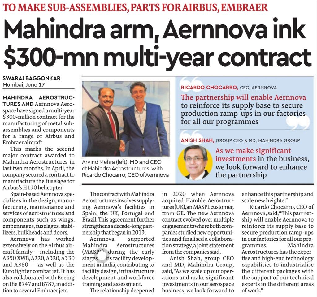 Psuedosecular's tweet image. Mahindra Aerostructures signed a $300M multi-year deal with Aernnova to supply sub-assemblies for Airbus and Embraer. Second major contract in 2 months. The deal strengthens a decade-long partnership and boosts Aernnova's supply chain.

#MahindraAndMahindra #Aernnova