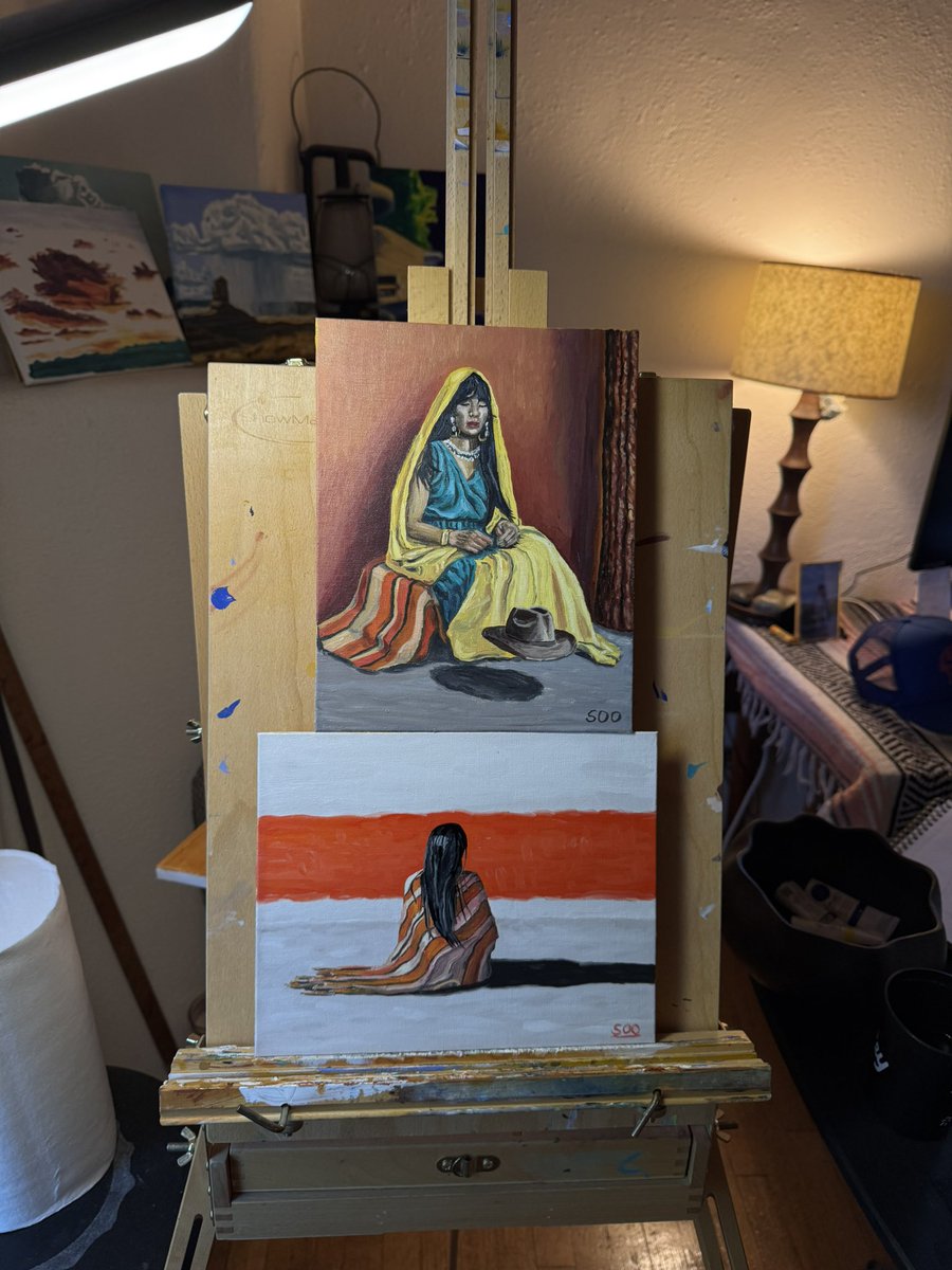 Two oil paintings, past and future.