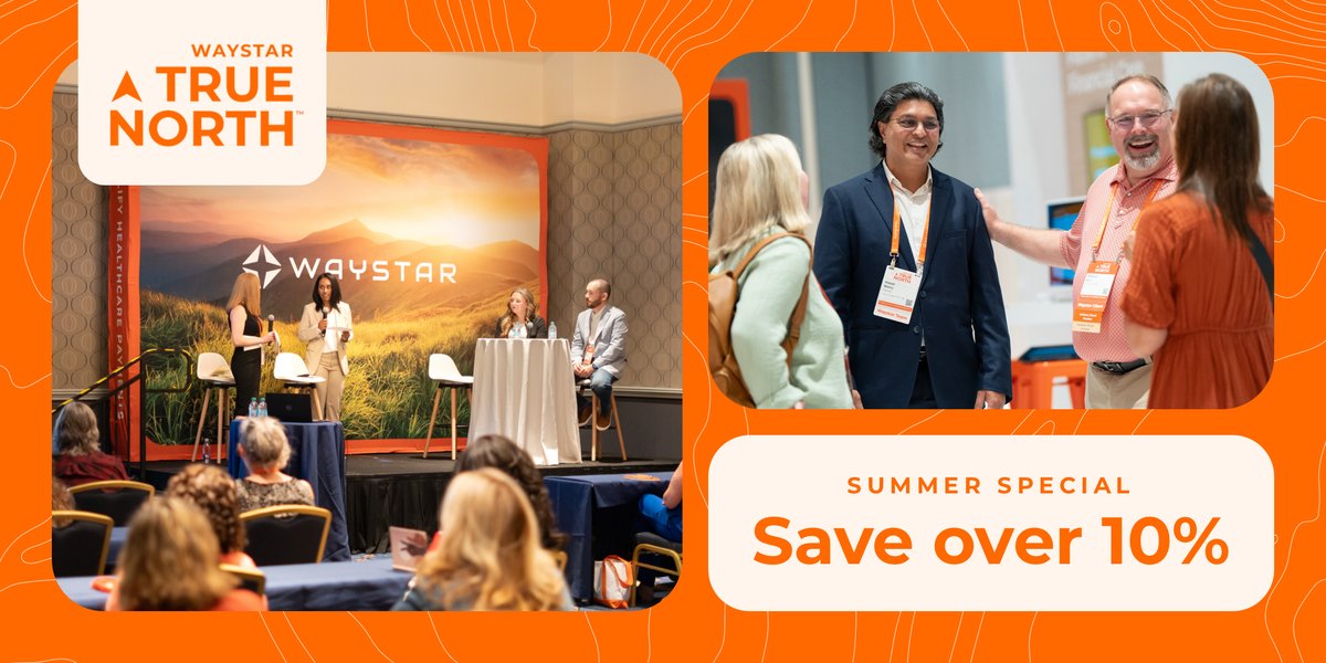Waystar's tweet image. Immerse yourself in a community of innovators at the #WaystarTrueNorth25 Client Conference this September! Access in-depth breakout sessions, VIP events, and much more. Save over 10% with special summer pricing: ow.ly/P3F150WbULW #RCMLeaders