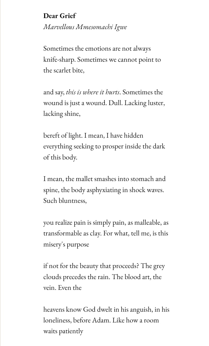 Marvellous M Igwe (@mesomaccius) on Twitter photo theaprilcentaur.com/blog/dear-grief
Good evening everyone, I'm proud to announce that I have 4 beautiful poems out on <a href="/AprilCentaur/">AprilCentaur</a>. Grateful to the editor for giving these babies a home. Do have a read. Thank you ❤️ theaprilcentaur.com/blog/dear-grief
Good evening everyone, I'm proud to announce that I have 4 beautiful poems out on <a href="/AprilCentaur/">AprilCentaur</a>. Grateful to the editor for giving these babies a home. Do have a read. Thank you ❤️