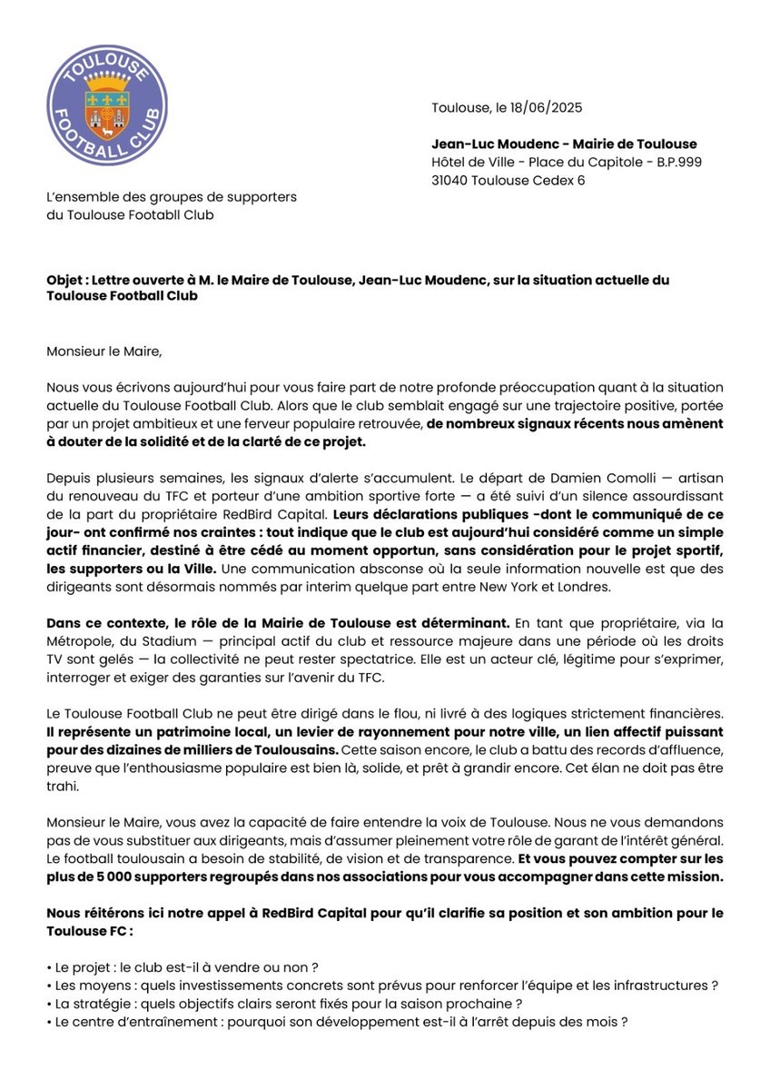 Indians_Tolosa's tweet image. Lettre ouverte à Monsieur @jlmoudenc, maire de la ville de Toulouse, de la part de l&apos;ensemble des groupes de supporters du Toulouse Football Club.