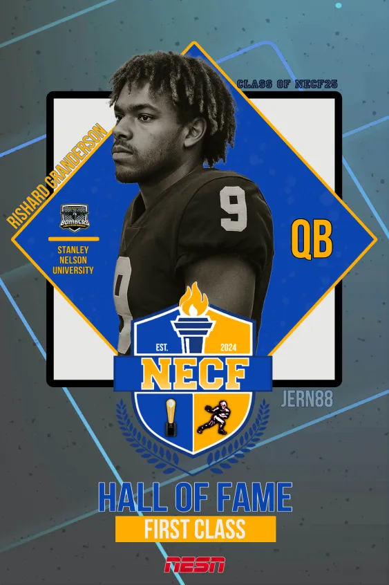 TheNESN's tweet photo. SNU QB Rishard Granderson (#SeasonII - #SeasonV).  
78.6% of votes received.

The OG NECF Field General.  Granderson led the most potent offense in the country for 4 years. 2x Heisman winner and 2x National Champion, and he posted the two highest single-season QBRs.  

#NECFHoF https://t.co/ucOxbTRMib