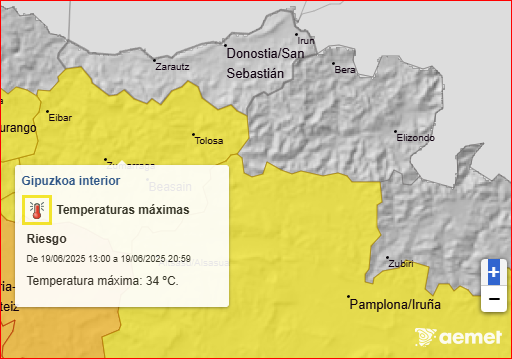Jueves 19:

Madrugada: ☀️
Mañana: 🌤️
Tarde: 🌤️⛅️
Noche: 🌤️

🌡️📈: 31/32º 📉: 16/17º

Avisos Meteorologicos 
#Euskalmet  🟡🌡️
#Aemet         🟡🌡️