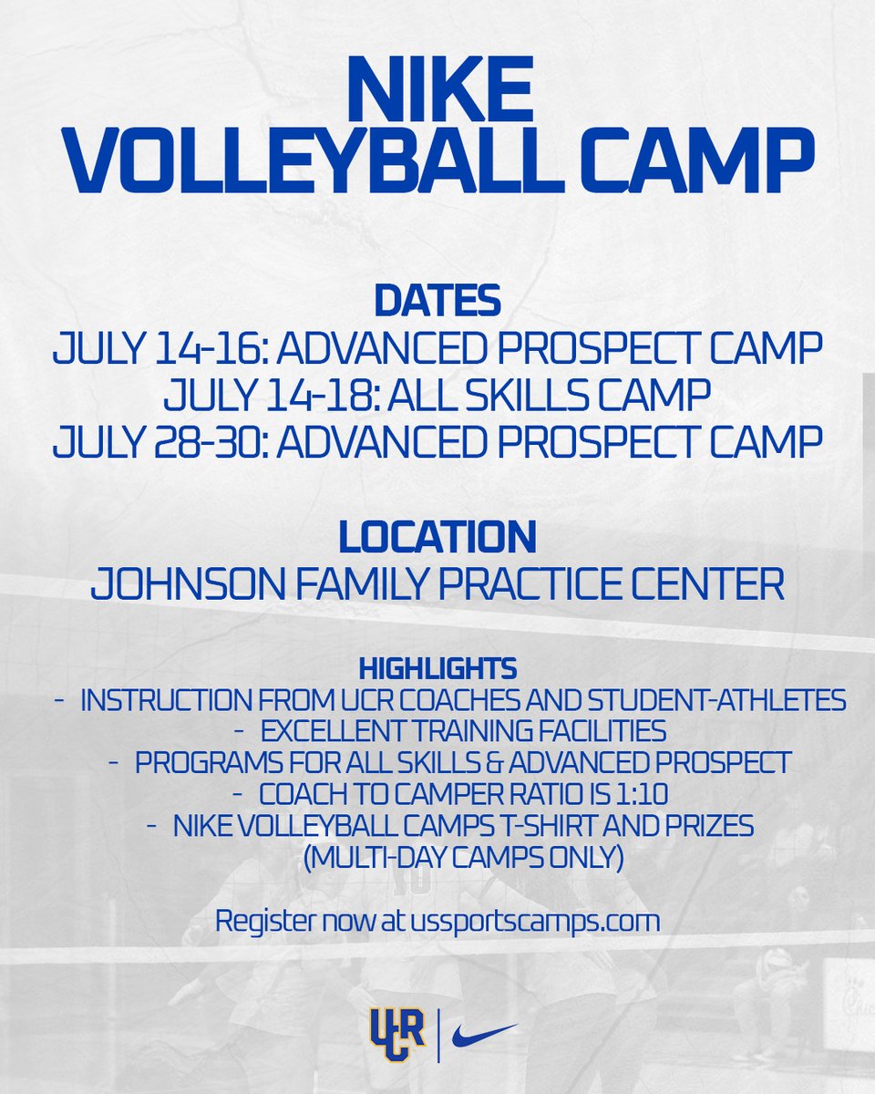 CAMP SEASON!

Learn from the best and have some fun with UCR Volleyball!

Register now at ussportscamps.com!

#GoHighlanders