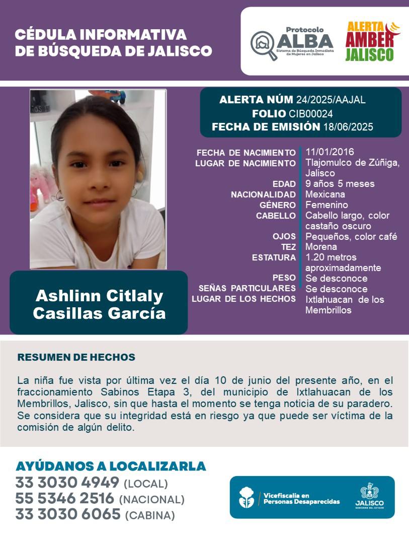 #AlertaAmber y #ProtocoloAlba solicitan tu apoyo para la búsqueda y localización de ASHLINN CITLALY CASILLAS GARCÍA de 9 años de edad. Gracias por compartir la información.