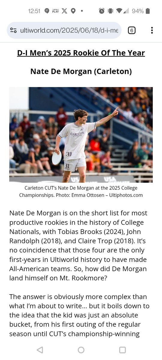 Congrats to Cache Valley's Nate De Morgan for being the ultiworld national college Division I Rookie of the Year, plus a second-team All-American.