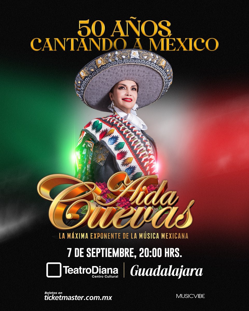 La gran voz del mariachi celebra medio siglo de trayectoria con un espectáculo inolvidable lleno de tradición, fuerza y orgullo nacional. 🎶✨

Aida Cuevas
📍 Teatro Diana
📅 Septiembre 7
⏰ 20 H

🎟️ Boletos a partir de junio 19.
🔗 tinyurl.com/TeatroDianaAid…

#TeatroDianaAidaCuevas