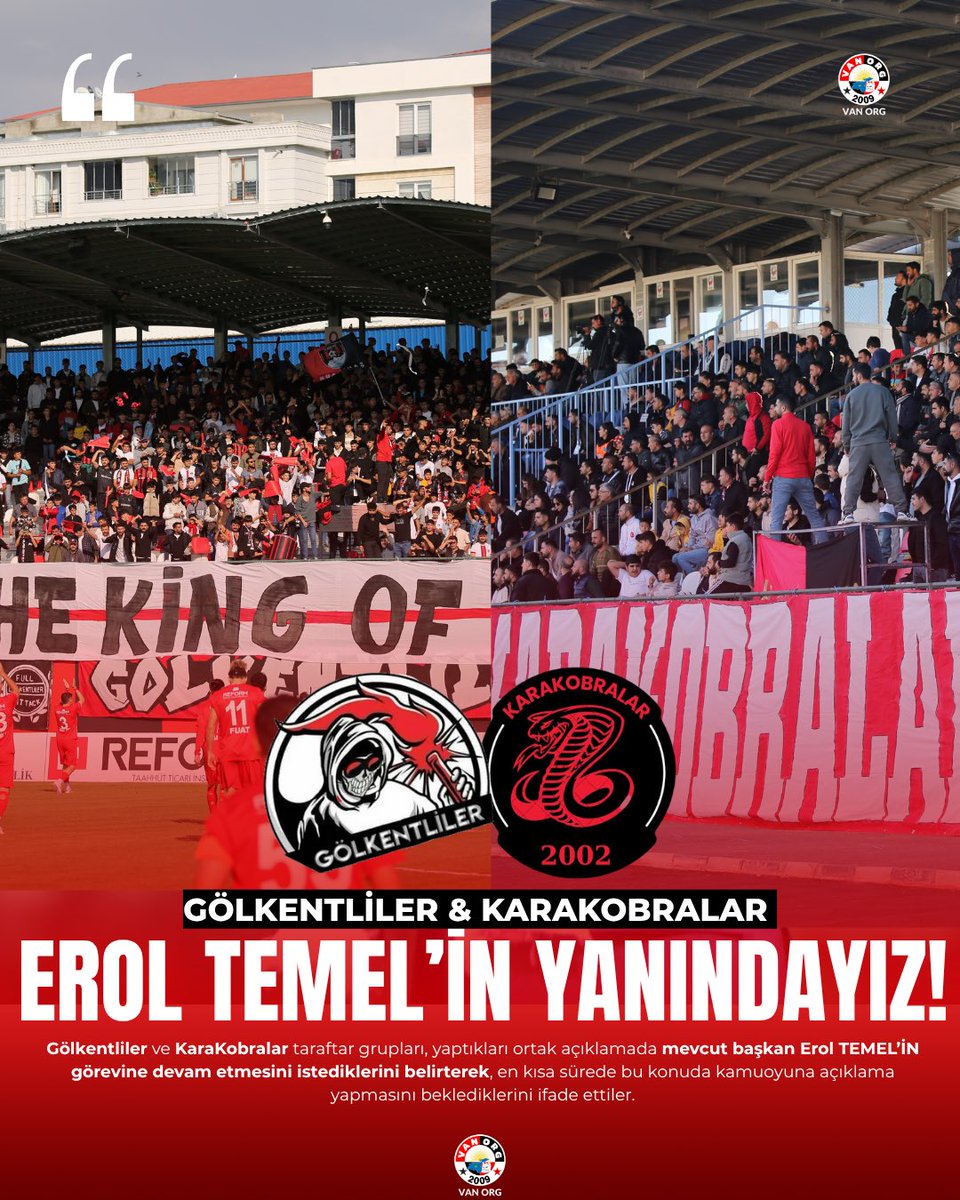 GÖLKENTLİLER VE KARAKOBRALAR GRUBUNDAN ORTAK AÇIKLAMA!

Gölkentliler ve Karakobralar taraftar grupları, yaptıkları ortak açıklamada mevcut kulüp başkanı Sayın Erol Temel’in görevini bırakmaması gerektiğini vurgulayarak, görevine devam etmesi yönündeki taleplerini dile getirdiler.