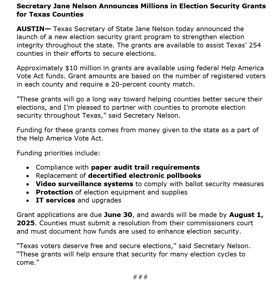 Secretary of State Nelson announced millions in grants to help strengthen election security in Texas counties. bit.ly/44mrF5x