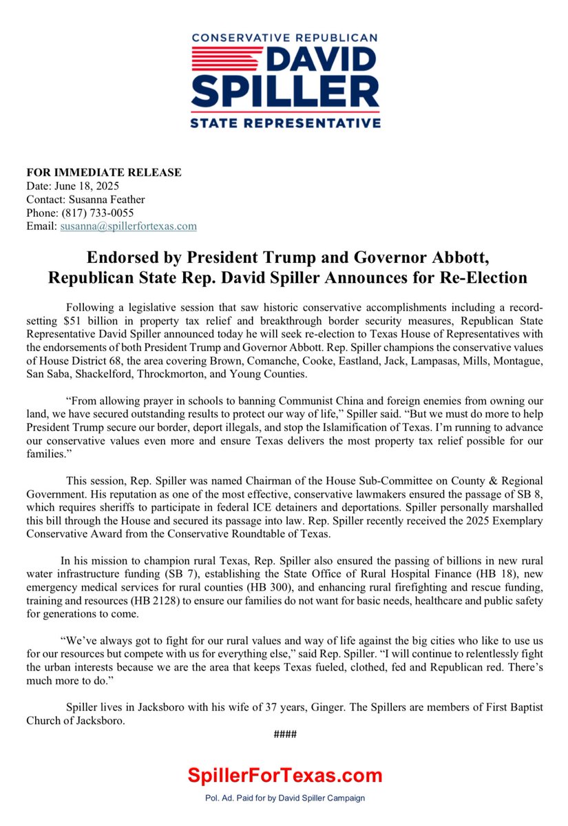 DavidSpillerTX's tweet image. Endorsed by President Trump and Governor Abbott, Republican State Rep. David Spiller Announces for Re-Election. #txlege