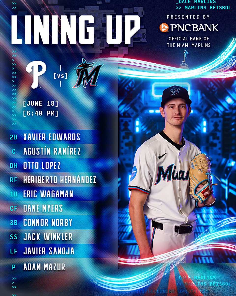 Miami Marlins (@marlins) on Twitter photo Mazur’s Miami debut.
🤝: <a href="/PNCBank/">PNC Bank</a>
📺: <a href="/FanDuelSN_FL/">FanDuel Sports Network Florida & Sun</a> , <a href="/FDSN_Marlins/">Marlins on FanDuel Sports Network</a>
👂: <a href="/MarlinsRadio/">Marlins Radio Network</a> , <a href="/FoxSports940/">Fox Sports 940 Miami</a>
⏰: 6:40 PM ET
🏟️: Roof status: CLOSED
#Marlinsbeisbol // marlins.com/tickets Mazur’s Miami debut.
🤝: <a href="/PNCBank/">PNC Bank</a>
📺: <a href="/FanDuelSN_FL/">FanDuel Sports Network Florida & Sun</a> , <a href="/FDSN_Marlins/">Marlins on FanDuel Sports Network</a>
👂: <a href="/MarlinsRadio/">Marlins Radio Network</a> , <a href="/FoxSports940/">Fox Sports 940 Miami</a>
⏰: 6:40 PM ET
🏟️: Roof status: CLOSED
#Marlinsbeisbol // marlins.com/tickets