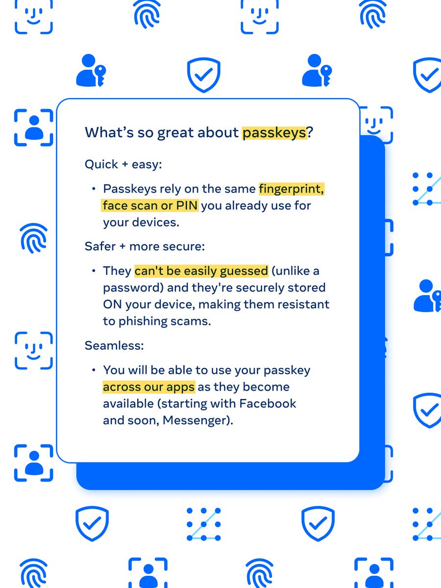 MetaNewsroom's tweet image. Word of the week: Passkey.
An easier and more secure alternative to a password, now available on @facebook and soon, @messenger.